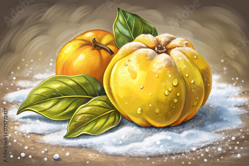 Whole yellow quince lying vector on fresh snow, covered with small ice crystals