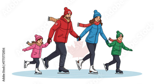 Winter Skating Fun: A family ice skates hand in hand enjoying a cold winter day, showcasing the joy of togetherness.