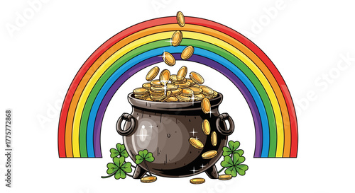 Pot of Gold and Rainbow: This illustration captures a pot of gold at the end of a rainbow, a symbol of fortune, hope, and the whimsical allure of luck.