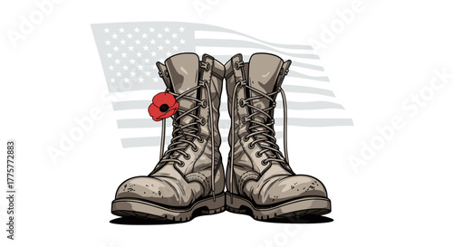 Boots and Remembrance: A poignant tribute featuring combat boots adorned with a delicate poppy, symbolizing remembrance against the backdrop of an American flag.