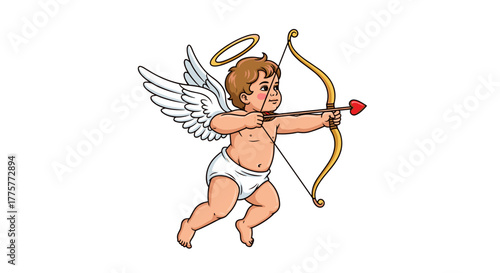 Cupid's Aim: A cherubic Cupid, ready to strike, stands with his bow and arrow aimed with an heart-shaped tip, radiates love, and ready for romance