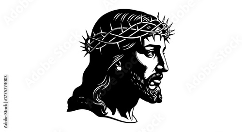 The Crowned Figure: a powerful graphic portrait of a figure adorned with a crown of thorns, a symbol of faith and resilience. Capturing profound devotion, religious inspiration and spiritual strength.