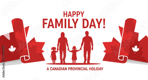 Family Day Celebration in Canada: A cheerful depiction of a family of four, framed by vibrant Canadian flags, heralds the joy of Family Day in a provincial Canadian celebration.