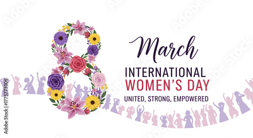 International Women's Day Celebration: This image commemorates International Women's Day with a beautiful floral arrangement shaped like the number 8, symbolizing unity, strength.