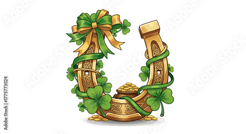 Irish Luck Emblem: A charming symbol of Irish heritage, an ornate horseshoe is adorned with verdant shamrocks and a golden bow, celebrating the joy and luck of the St. Patrick's Day.