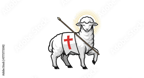 Symbol of Faith: An illustration of a serene lamb, a symbol of faith and innocence, bearing a cross and a staff, standing against a radiant halo, symbolizing divine light.