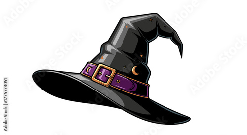 Witch's Hat: A black witch's hat with a purple band and buckle, a classic symbol of witchcraft and fantasy. A sleek, whimsical, and detailed illustration that captures a sense of mystery and magic.