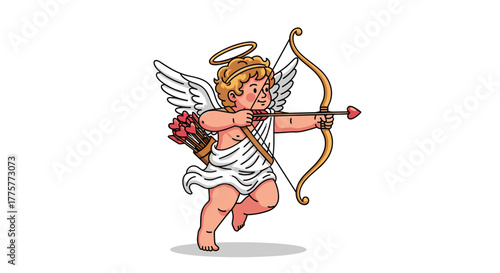 Cupid's Aim: A charming illustration of Cupid, the mythological figure, prepares to shoot an arrow, embodying love and affection with angelic features and a whimsical bow.