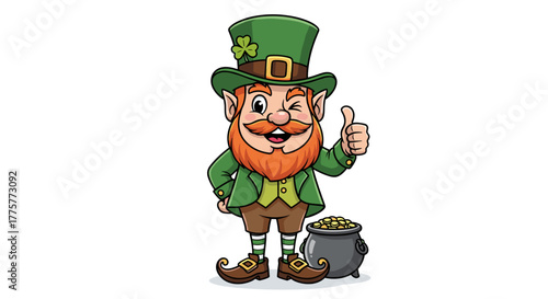 Leprechaun's Greeting: A charming leprechaun, beaming with a playful wink, extends a cheerful thumbs-up alongside a pot of gleaming gold coins, evoking a sense of joy and whimsy.