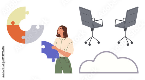 Woman holding a puzzle piece symbolizes problem-solving. Chairs, pie chart, and cloud suggest teamwork, innovation, data sharing, planning, creativity communication productivity. Clean simple flat
