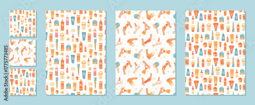 Flat seamless pattern with sunscreen bottle tube and cream shapes. Sunblock set and cosmetic container packaging with spf for summer skin care, seamless pattern background that visually holds sun