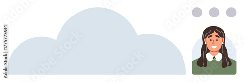 Cloud icon with woman avatar and speech bubbles, symbolizing cloud storage, user interaction, communication, collaboration, and digital connectivity. Ideal for technology, teamwork, social media