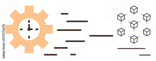 Gear with clock representing time management and productivity, connected blocks indicating distributed systems. Ideal for technology, blockchain, time management, automation, networks, workflows