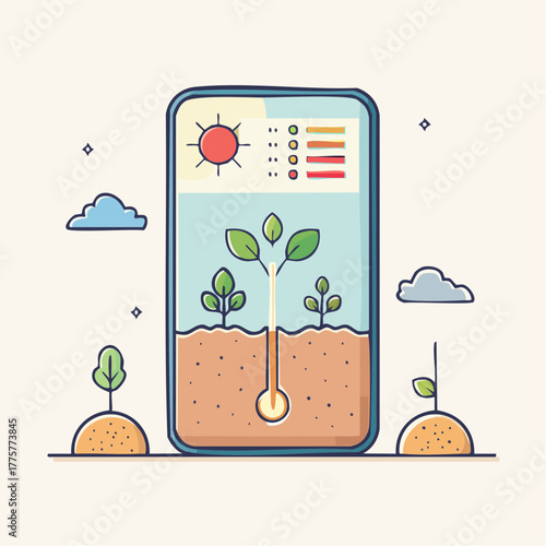 Digital Gardening Application Showing Plant Growth Under Sun With Data Metrics And Small Sprouts In Soil