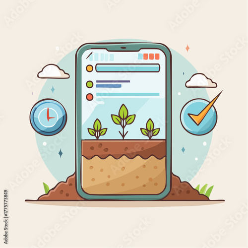 Digital agricultural monitoring app showing plant growth stages in soil layers with time and completion icons on pastel background