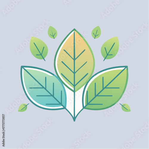 Stylized green and yellow leaves forming a floral emblem on a soft blue background with a subtle gradient and clean lines