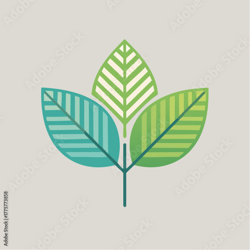 Abstract three leaves illustration in gradient green blue teal colors on light gray background clean modern design
