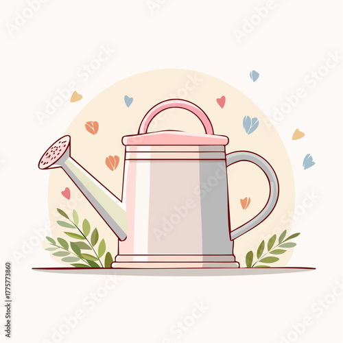 Cute Watering Can with Pink Lid and Handle Surrounded by Green Leaves and Falling Hearts on a Creamy Yellow Background with a Subtle Sunburst