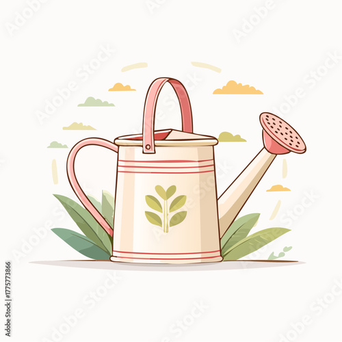 Vintage Cream Watering Can with Pink Accents and Green Leaf Emblem Surrounded by Lush Greenery and Soft Clouds