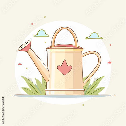 Cream Colored Watering Can with Pink Spout and Handle Surrounded by Green Grass and Pastel Clouds on a Beige Background