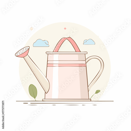 Pastel Pink Watering Can Surrounded by Delicate Green Leaves and Soft Clouds on a Light Cream Background with Subtle Sparkles and Minimalist Design Elements