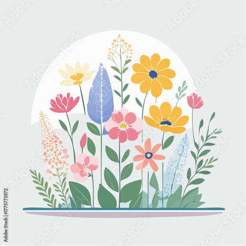 A Whimsical Botanical Illustration Featuring a Vibrant Assortment of Stylized Flowers and Greenery Against a Soft Arch Backdrop