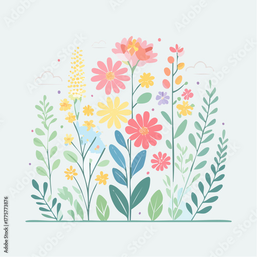 A Colorful Collection Of Stylized Spring Flowers And Greenery With Small Confetti Accents Against A Pale Blue Background