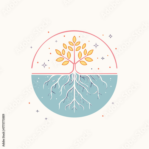 Stylized Illustration of a Tree with Yellow Leaves Above Water and Intricate White Roots Below a Circular Frame