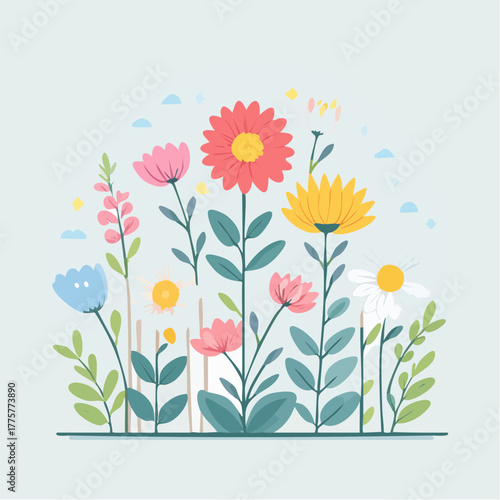 Vibrant Mixed Wildflowers Blooming in Soft Pastel Colors Under a Gentle Sky