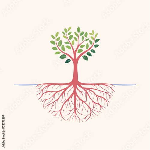 Stylized Illustration Of A Tree With Visible Roots And Green Leaves Against A Light Background