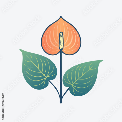 Pixel Art Anemone Flower With Three Green Leaves And Orange Spadix Against A White Background