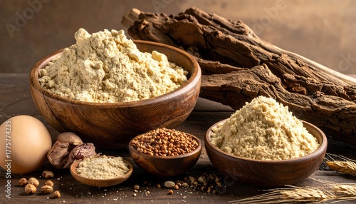 Assortment of healthy protein flours and ingredients.