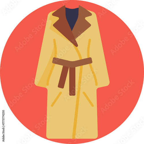 Classic long coat with a belt and wide lapels, designed for cool autumn weather.