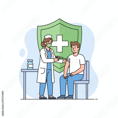 Flat Line Illustration of Healthcare Professional Giving Patient a Vaccination Shot