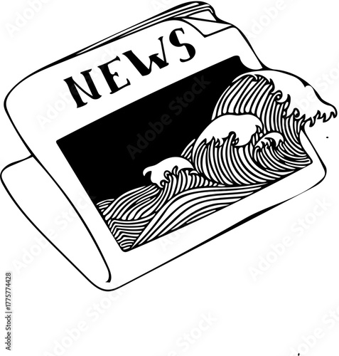 Conceptual black and white illustration of an overwhelming flood of news depicted as a powerful tidal wave emerging from a newspaper