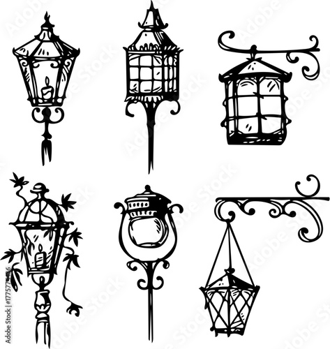 Collection of Vintage Street Lights and Decorative Lanterns