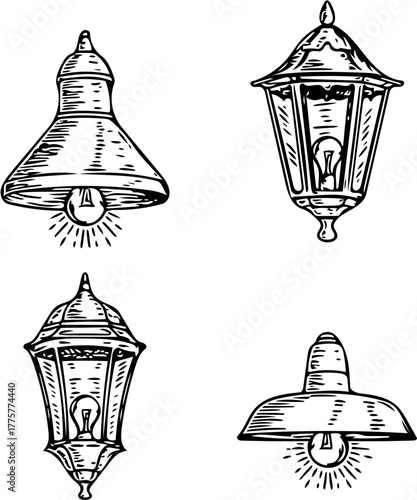 Vintage hand-drawn lighting fixtures collection, featuring classic ornate lanterns and elegant pendant lamps, all emitting a warm glow, perfect for design and decor projects