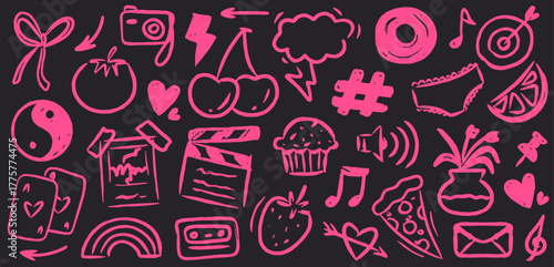 Trendy Y2K doodle collection in neon pink on a dark background. Retro aesthetic with hearts, stars, bows, cherries, and smiley faces. Perfect for fashion projects, stickers, and nostalgic designs.
