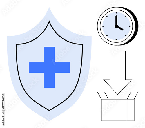 Blue shield with cross, round clock, downward arrow pointing to box. Ideal for health protection, timely delivery, insurance, safety, logistics time management secure packing. Simple flat metaphor