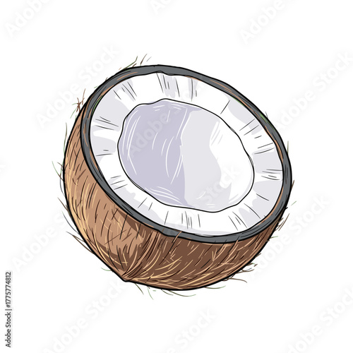 Coconut half with white flesh and brown shell illustrated  