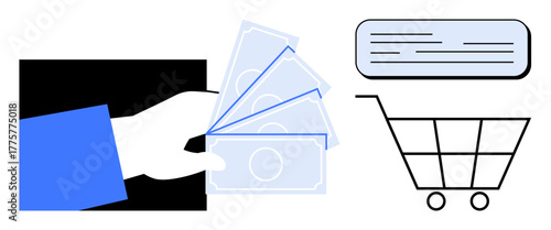 Hand offering cash, a shopping cart, and a receipt. Ideal for finance, payment, e-commerce, purchase, retail budgeting and consumer goods. Minimalist simple flat metaphor