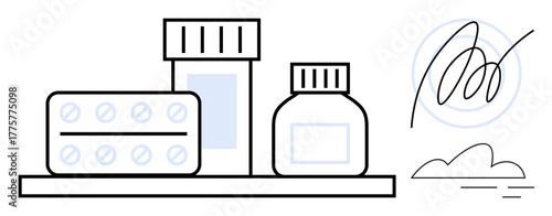 Pill blister pack, medicine bottles, and a scribbled medical signature depict healthcare, pharmacy, prescription, medication use, health management, hospital settings, and safety concepts in a simple