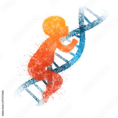 A baby silhouette intertwined with a DNA helix symbolizing genetics life and future health