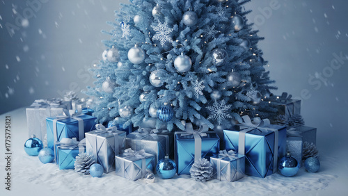 A New Years composition with Christmas tree decorations and garlands, creating a festive mood. The composition contains decorative elements such as twigs, cones and poinsettia flowers, which adds comf