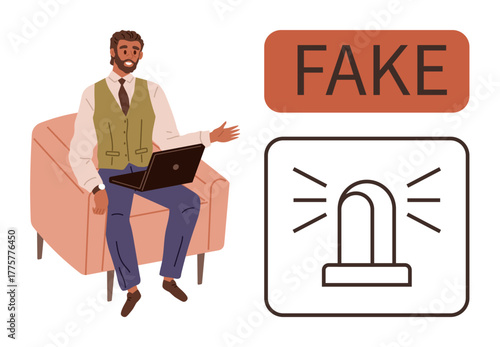 Man sitting on chair with laptop gesturing towards the concept of fake alerts, represented by a warning sign. Ideal for misinformation, online safety, fraud prevention, media literacy, digital