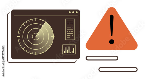 Radar interface scans with data charts, accompanied by an alert icon. Ideal for cybersecurity, risk management, surveillance, data analysis, monitoring, technology caution. Simple flat metaphor