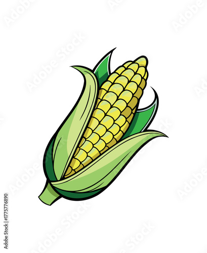 Bright Cartoon Corn on the Cob Vector Illustration with Green Husks