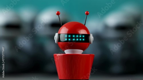 Charming red robot leading a futuristic parade against a blurred crowd