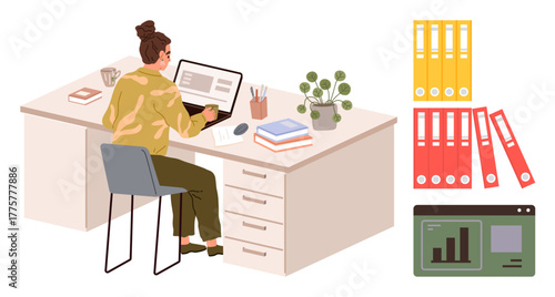 Woman typing on laptop at desk with coffee, books, plant, and organized files. Ideal for productivity, organization, remote work, office culture planning multitasking focus. Simple flat metaphor