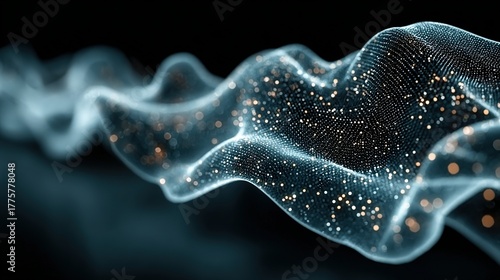 Abstract wavy form with particles flowing in a dark background.